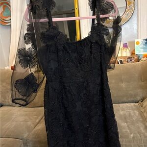 Black Sheath Mini Dress with Bishop Sleeves, appliqué flowers